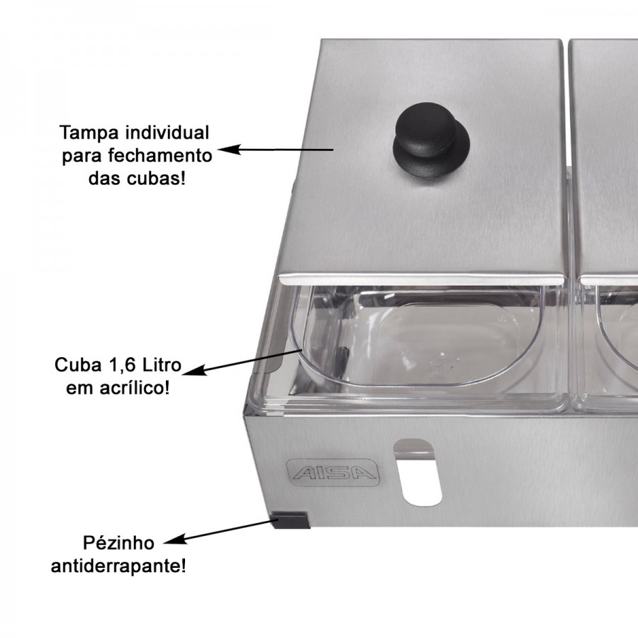 Condimentadora Pizzarola Inox 3 Cubas Acrílico Tampa Individual - Aisa